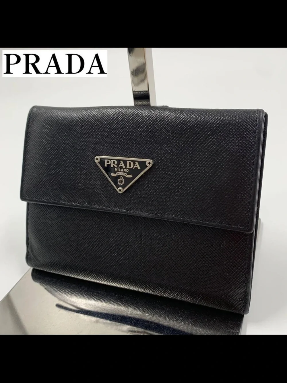 Prada Black Saffiano Leather Wallet Clutch with Silver Logo